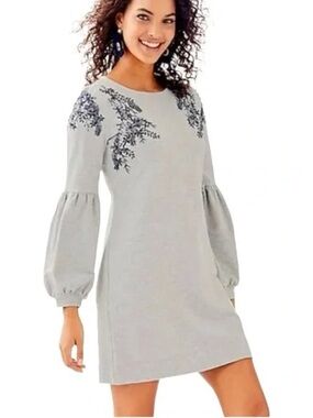 Lilly Pulitzer Women’s Bartlett Sweatshirt Dress L Gray Navy Floral Embroidery